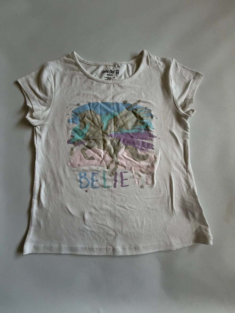 Insta Girl Belle Graphic Tee M 10/12 White Unicorn Horse Y2K Girls Shirt